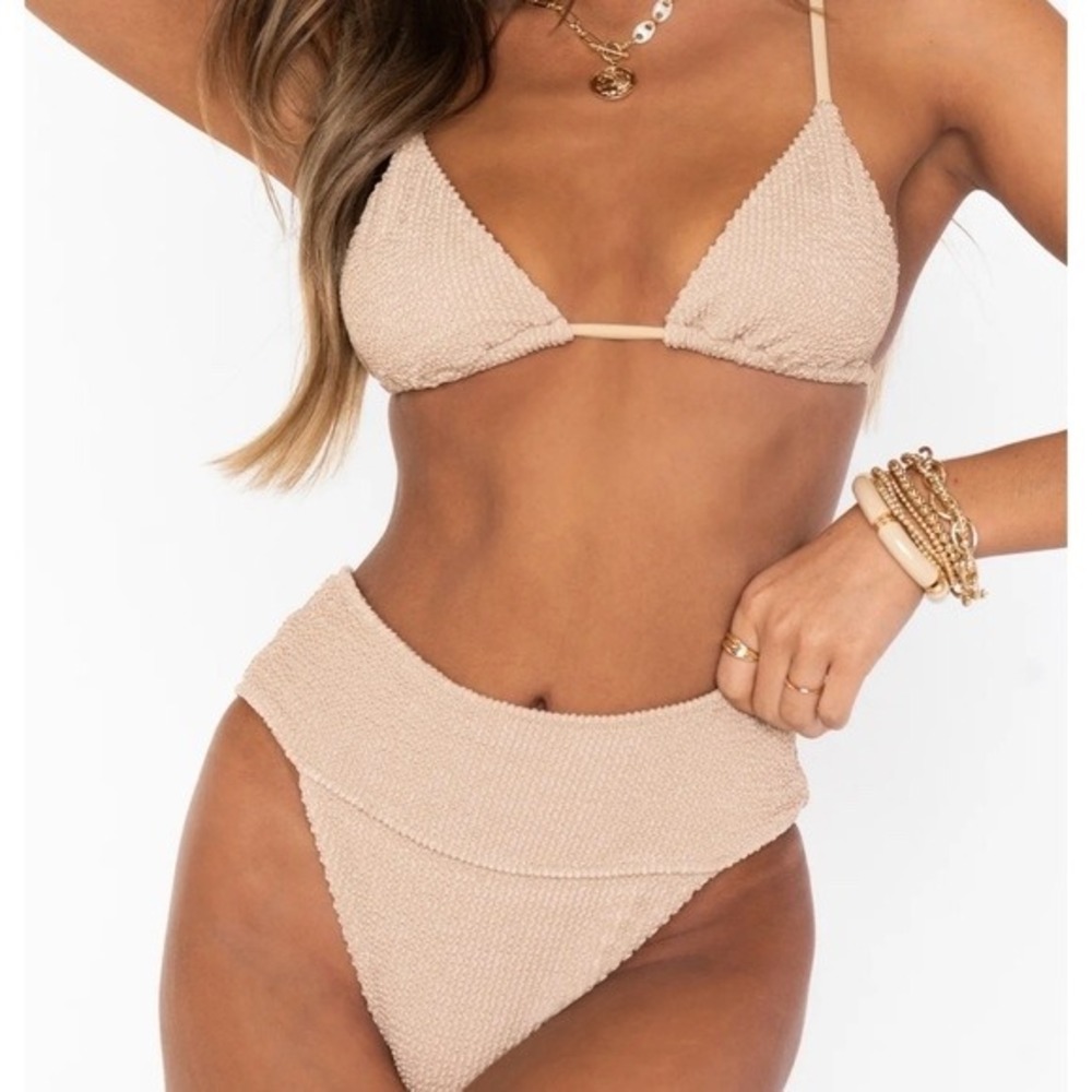 Show Me Your Mumu Women Tan High Waisted Smocked Crinkle Bikini Bottom L NEW